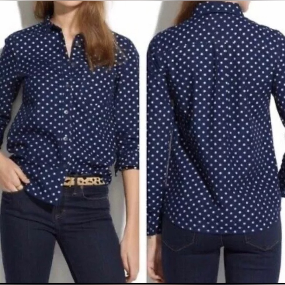 Madewell Polka Dot Blue Chambray Denim Shirt Button Front | Size S
